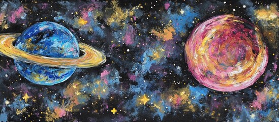 Cosmic Planets Painting: Vibrant Acrylic Universe with Textured Brushstrokes