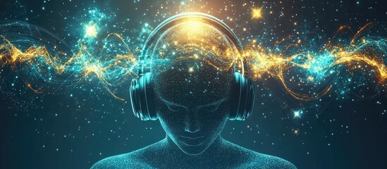 Cosmic Symphony: Abstract Human Head in Headphones Immersed in Nebula of Light and Sound Waves