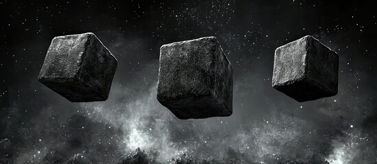 Cosmic Trinity: Three Enigmatic Stone Monoliths Floating in a Starry Nebula
