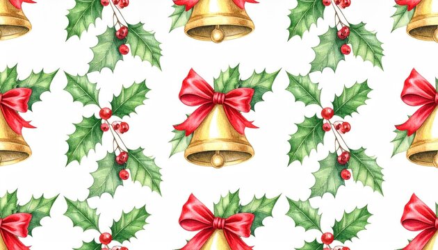 Watercolor Christmas Seamless Pattern with Golden Bells Red Bows and Holly Leaves.