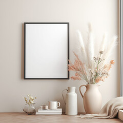 minimalist wall art mockup with neutral ceramics and dried florals on wooden console