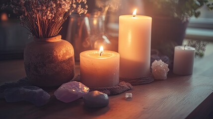 Cozy Ambiance: Glowing Candles, Dried Botanicals, and Healing Crystals on Wood