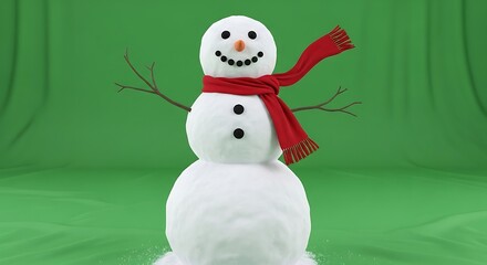 Festive Snowman with Red Scarf on Green Screen Background.