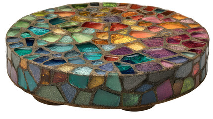 A vibrant mosaic piece featuring colorful glass tiles in an intricate pattern, perfect for artistic inspiration and design.a mosaic glass stepping stone clipart, decorative garden element,