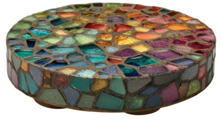 A vibrant mosaic piece featuring colorful glass tiles in an intricate pattern, perfect for artistic inspiration and design.a mosaic glass stepping stone clipart, decorative garden element,