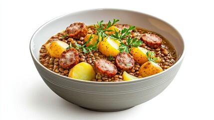 Hearty lentil stew with sausage potatoes and fresh herbs served in a white ceramic bowl on a plain white background