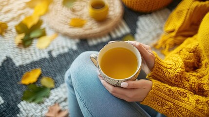 Cozy Autumn Moment: Hands Holding Warm Tea Cup, Yellow Sweater, Fall Leaves.
