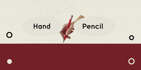 A hand holding a red pencil above a maroon and white background