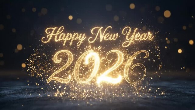 Happy new year 2026 sparkling golden text effect on dark blue background with bokeh lights and glitter animation