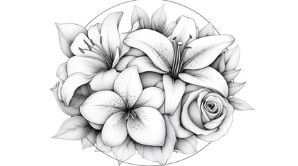 Elegant lilies and rose bouquet, monochrome drawing, floral arrangement, wedding invitation design