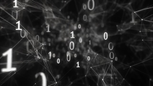 Bytes of binary code run through network. Abstract futuristic technology cyberspace. 