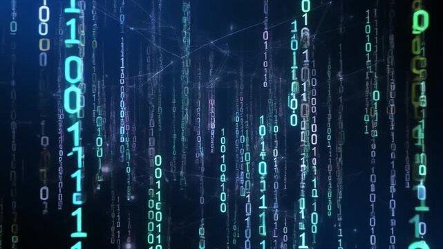 Bytes of binary code run through network. Abstract futuristic technology cyberspace.