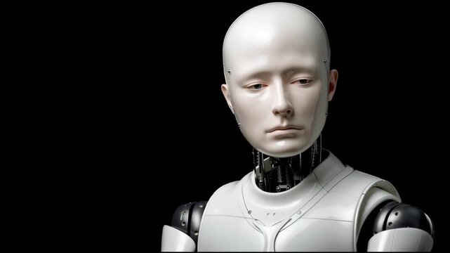 Sad humanoid android robot with pensive emotion, science fiction concept exploring future of artificial intelligence, advanced technology and machine consciousness