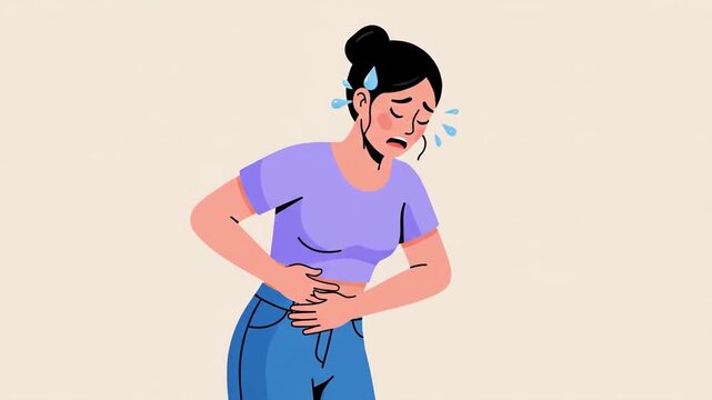 Expressive Woman Experiencing Abdominal Pain and Discomfort in Various Poses Animated Video
