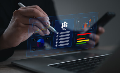 CRM dashboard interface showing business analytics, customer data, charts, and performance metrics, representing data management, reporting, and strategic decision making in modern digital business sy