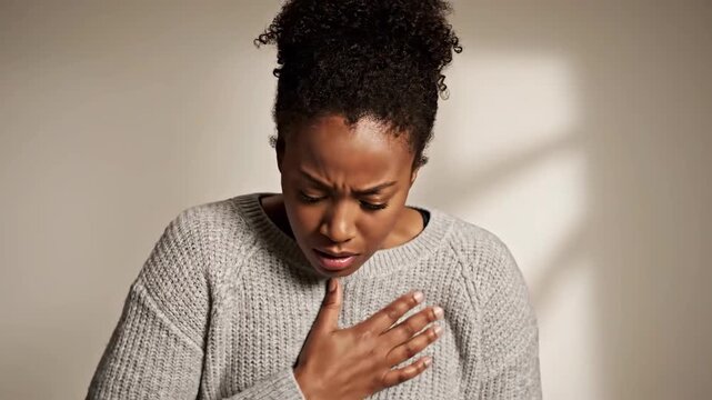 Expressive Woman Showing Heartfelt Concern and Chest Discomfort in Everyday Situations