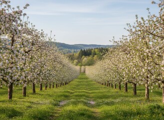 Blossom Trees in Springtime Orchard with Blue Sky and Green Grass