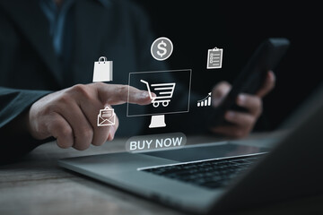 Online shopping interface with buy now button and digital commerce icons, representing e commerce payment, customer purchase decision, retail transaction, and modern online business technology.