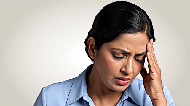 Expressive Woman Experiencing Headache and Discomfort in a Studio Setting