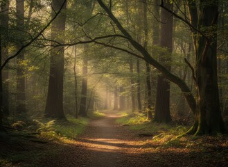 Obraz premium Serene Sunlit Forest Pathway Surrounded by Lush Greenery