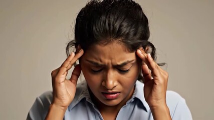 Expressive Woman Experiencing Headache and Stress in Close Up Shots