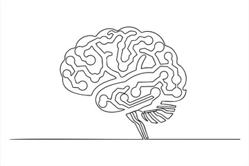 Continuous line drawing of a human brain with circuit board patterns symbolizing artificial intelligence