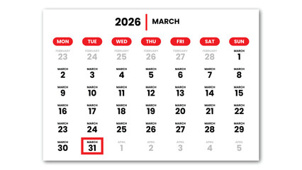 The date March 31, 2026 marked with a red cursor on the wall