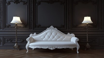 Elegant white sofa in a dark, ornate room