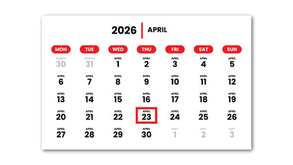 The date April 23th, 2026 marked with a red cursor on the wall