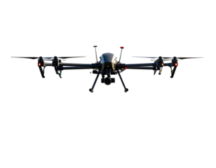  Autonomous Agricultural Drones Spraying Fertilizer Over Smart Farm Fields, side perspective, transparent background png