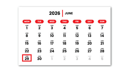 The date June 29th, 2026 marked with a red cursor on the wall