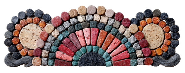 a sunburst pebble mosaic path tile clipart, Mediterranean garden decor, A beautifully crafted stone mosaic, showcasing vibrant colors and intricate patterns, perfect for artistic inspiration.