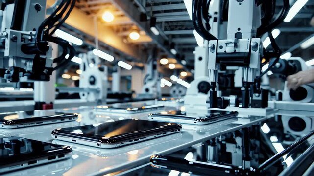 smartphones on a conveyor belt in a modern factory, electronic devices assembly line, high-tech manufacturing, cinematic lighting, sharp focus