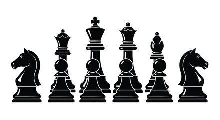 A collection of black chess pieces arranged in a single row formation © Nayem