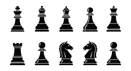 A collection of black chess pieces arranged in a single row formation © Nayem