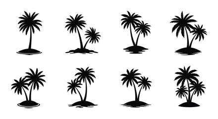 Naklejka premium A collection of black silhouette tropical palm trees on small islands