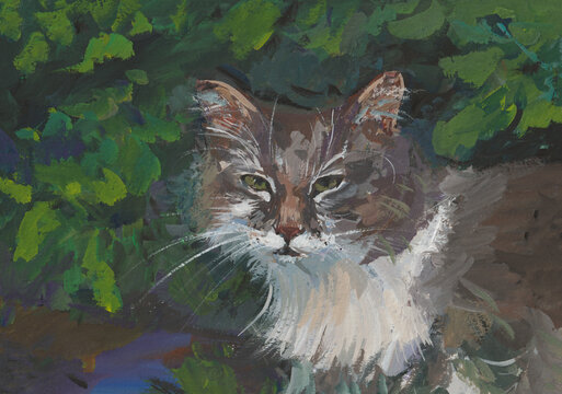 Grey cat gouache painting. Horizontal author's handwritten postcard. A green-eyed tabby cat poses in the park. Modern painting. A funny cute kitten for postcards, notebooks, packages. Handmade work