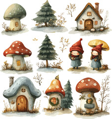 Christmas and New Year set of vector icons featuring tree, snowman, Santa Claus, gift, and holiday decoration elements