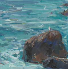 Seagull gouache painting. A white lonely seagull sits on a rock by the blue sea. The sea wave is turquoise. A hand-drawn sea story. The image of birds in painting. Artistic composition for design