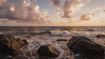 Fototapeta premium Dramatic Ocean Scene - Waves Crashing Against Rocky Shoreline Under Cloudy Sky.