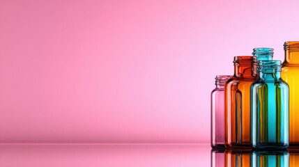 This vibrant image displays a collection of colorful glass bottles against a pink backdrop, conveying a sense of diversity and creativity, emphasizing modern design aesthetics in product portrayal.