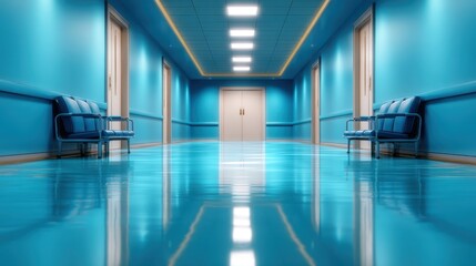 A bright and modern hospital corridor featuring glossy blue floors and contemporary design, promoting a sense of cleanliness, comfort, and innovation in healthcare environments.