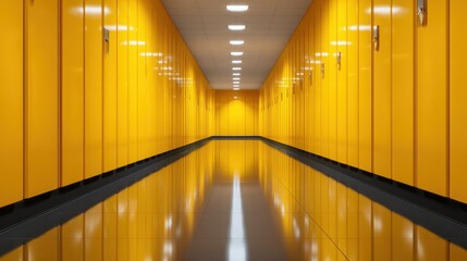An impressive perspective of a bright yellow locker hallway, evoking feelings of organization and vibrant school or gym environments, with a sleek modern design.