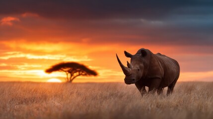Obraz premium A powerful rhinoceros stands proudly in a golden savannah, framed by a stunning sunset, symbolizing strength and the beauty of nature's untamed wilderness.
