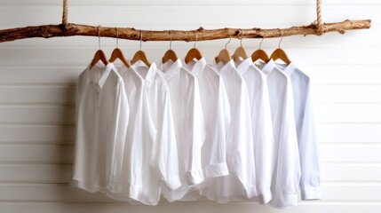 A series of pristine white shirts hang symmetrically on wooden hangers, showcasing elegance and simplicity while emphasizing concepts of organization and professionalism.