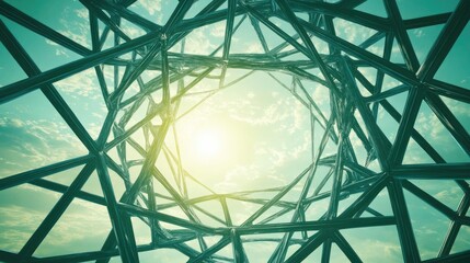 Fototapeta premium Abstract Geometric Structure Reaching Skyward, Sunlit, Futuristic, Architectural Design.