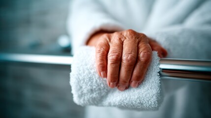 An elderly hand grips a towel on a grab bar, reflecting the significance of support and safety in everyday life while showcasing the beauty of aging and experience.