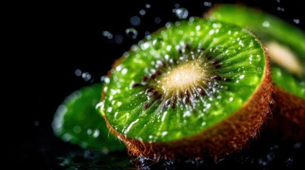 Close-up of sliced kiwi with vibrant green flesh, showcasing water droplets glistening against a dark backdrop, emphasizing freshness and natural beauty in food photography.