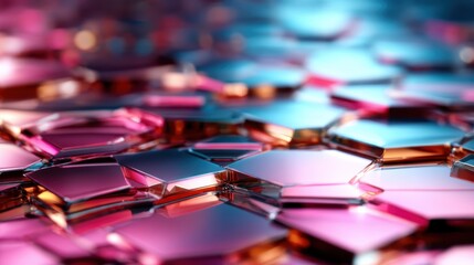 An arrangement of hexagonal glass-like shapes reflecting a vibrant spectrum of colors. The image highlights the beauty of light interplay in an abstract context.