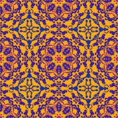 Seamless ornamental geometric pattern with intricate floral symmetry in vibrant purple and golden yellow tones, inspired by ethnic and kaleidoscopic design, perfect for backgrounds, textiles, and wall